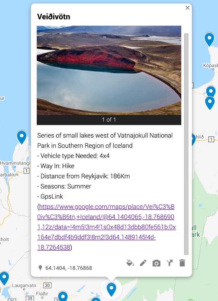 Waypoint details view showing location information