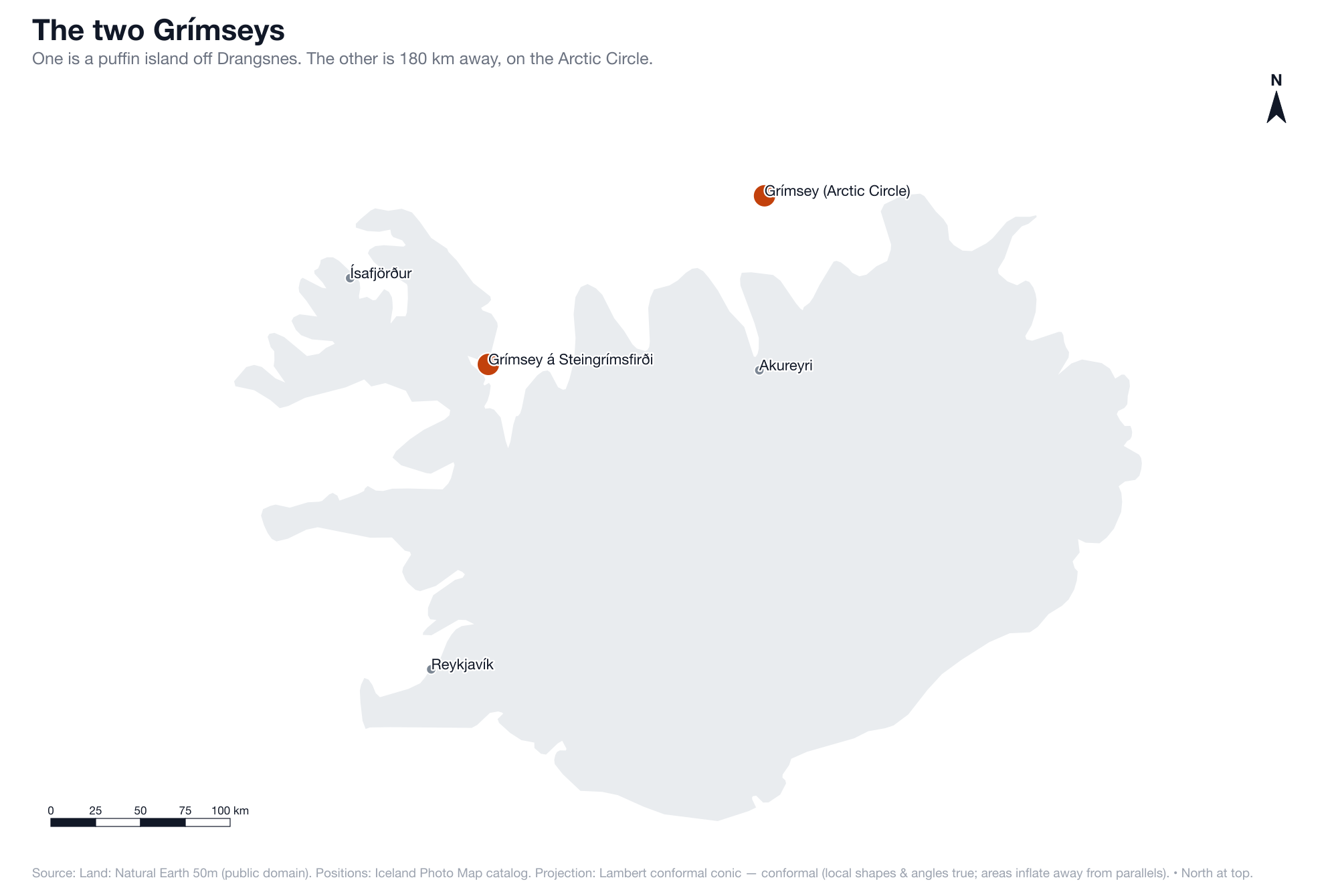 Map of Iceland showing the two islands called Grímsey: the puffin island off Drangsnes in Steingrímsfjörður in the Westfjords, and the Arctic Circle island 180 km away off the north coast.